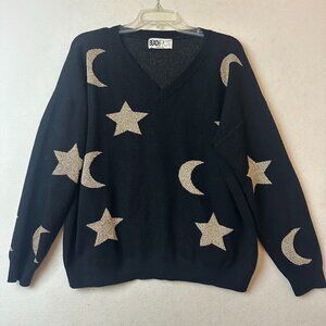 Beach Riot Sweater sz M black metallic moon stars v‎ neck horoscope astrology